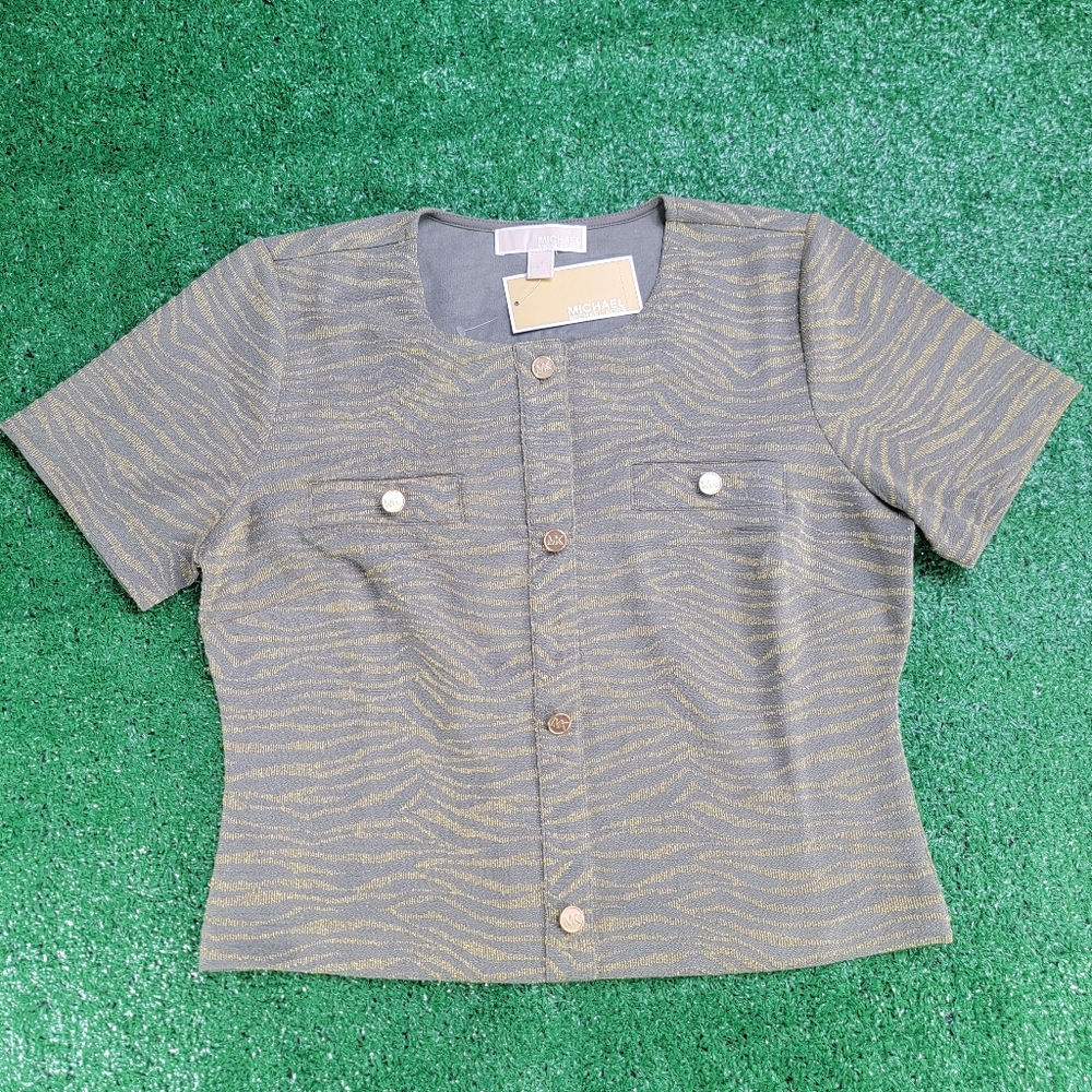 Michael Kors Army Green Metallic Gold Zebra Striped Women's Top Size Medium New